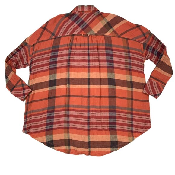 Free People Year Round Buttondown Shirt XS Orange Plaid Oversized Fall Fashion - Picture 12 of 14